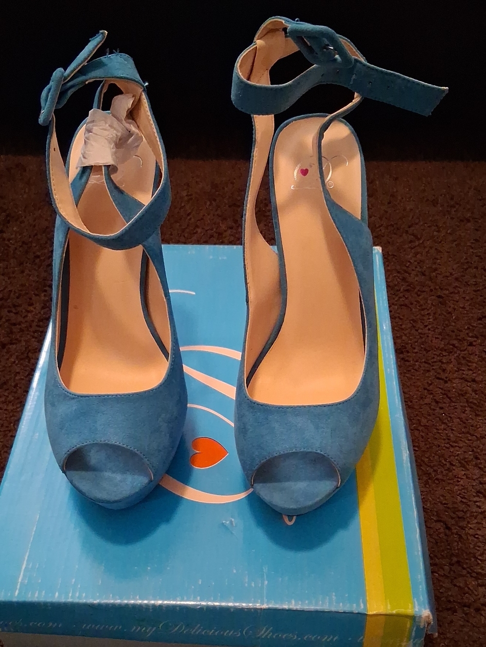 Blue Suede Peep-Toe Ankle Strap Heels